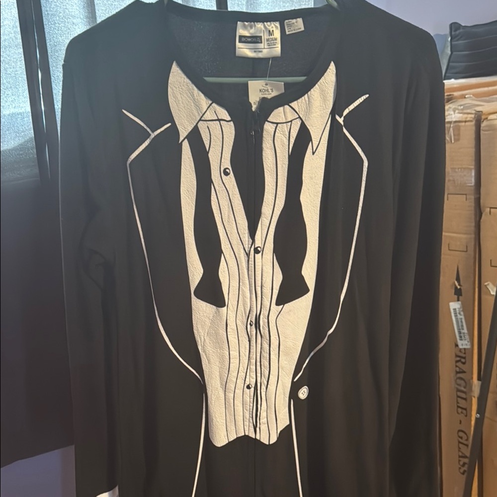 Bioworld Black and White Tuxedo Design Sweatshirt onesie.